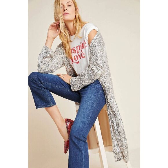 Anthropologie Dulcinea Sequined Duster Jacket Silver Partywear BB Dakota M NEW - Picture 1 of 2